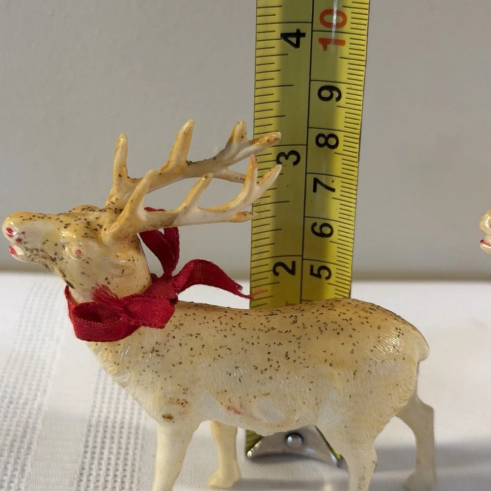 2 Thin Celluloid 1950's Reindeers Japan Christmas Figurine 3.5